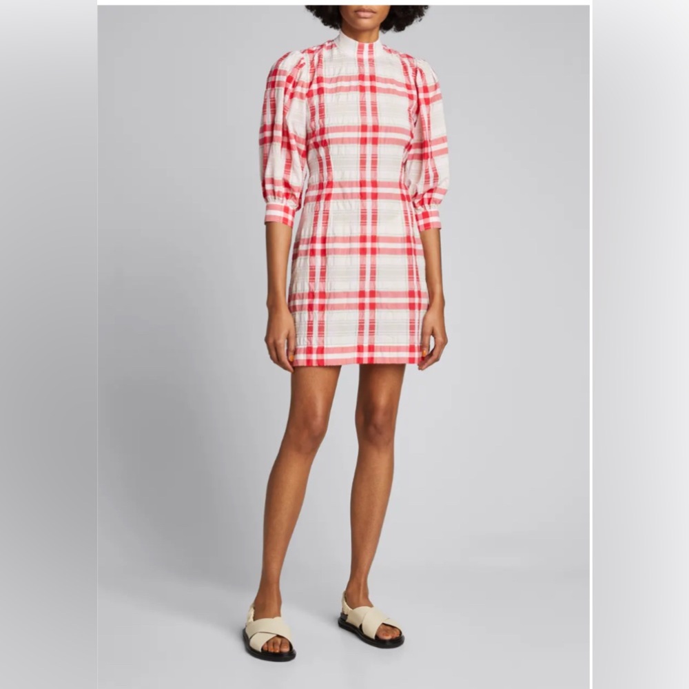 GANNI Mini Dress Red and White Seersucker Check Puff Sleeve Mock Neck size 36